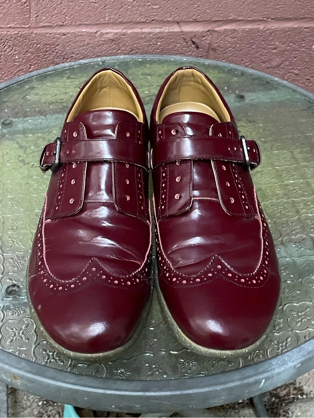 John Fluevog BurgundyWingtip Brogue Monk Strap Oxford Shoes size 10